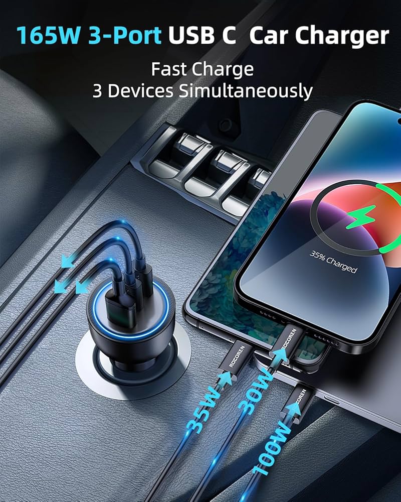Amazon.com: Rocoren 165W USB C Car Charger, PD3.1 140W/PD3.0